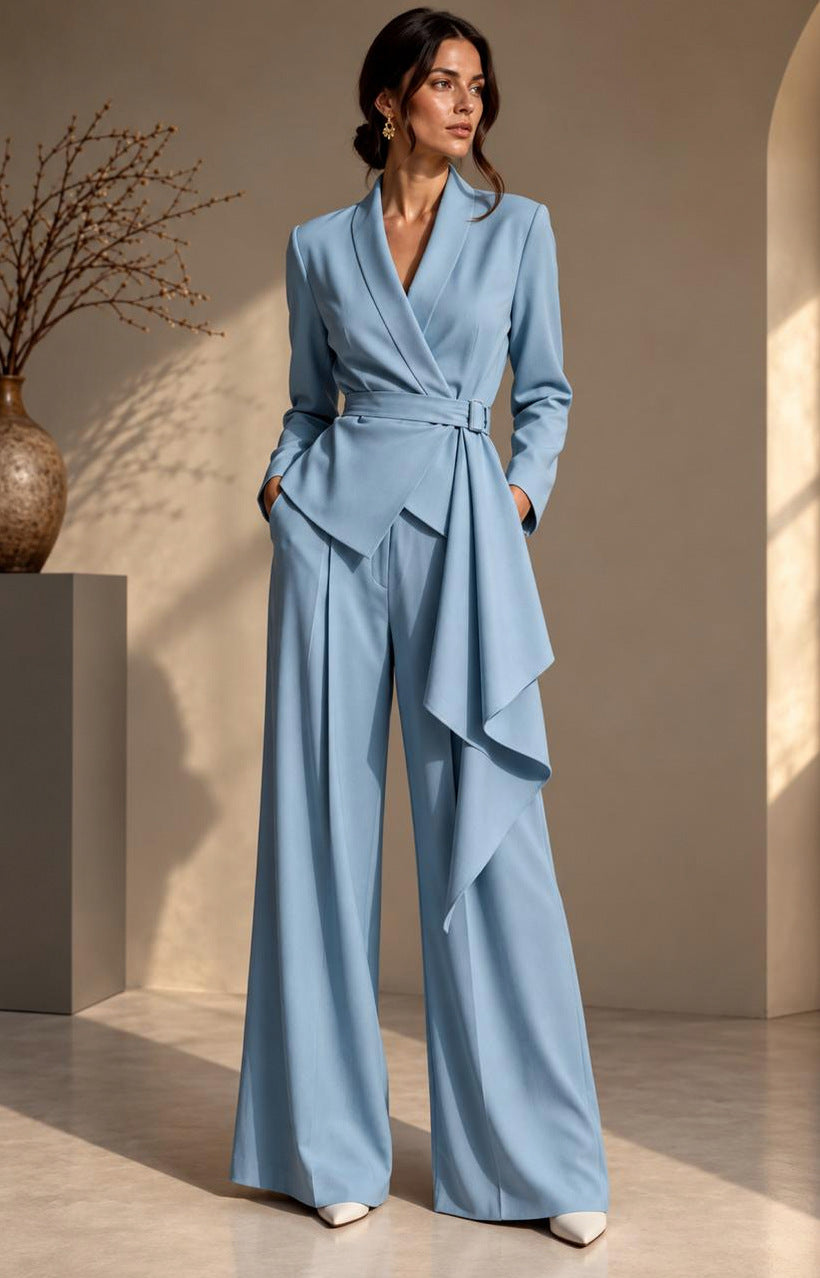 Belted Wrap Blazer Wide Leg Trouser Suit