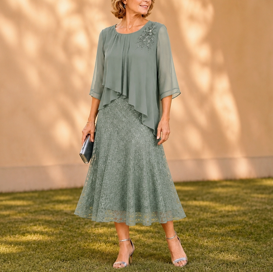 Chiffon Lace Tiered Midi Dress