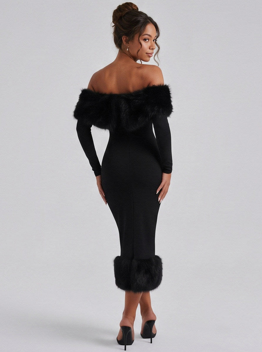 Faux Fur Trim Long Sleeve Midi Dress