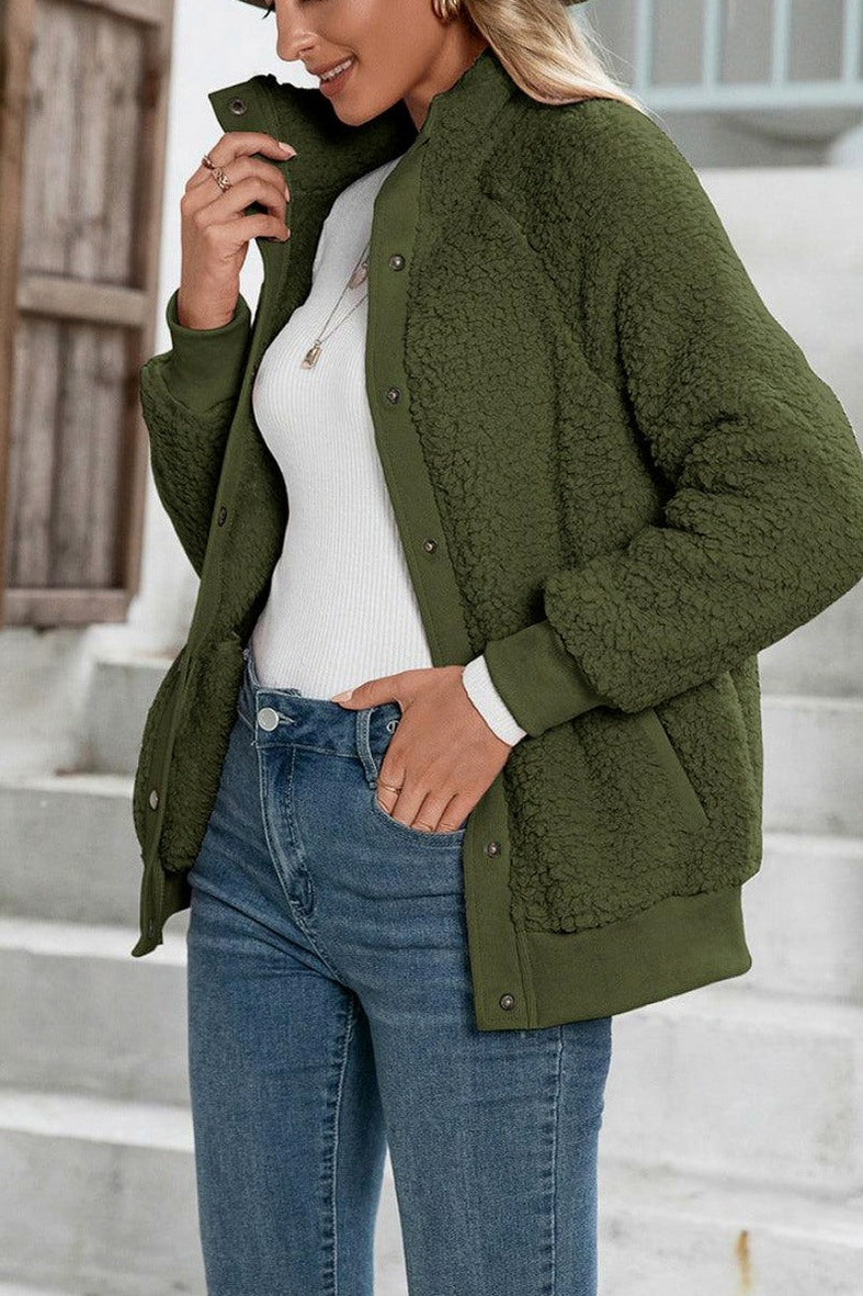 Fleece Funnel Neck Button Jacket