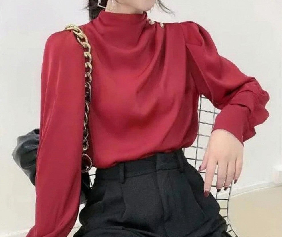 High Neck Long Sleeve Draped Blouse
