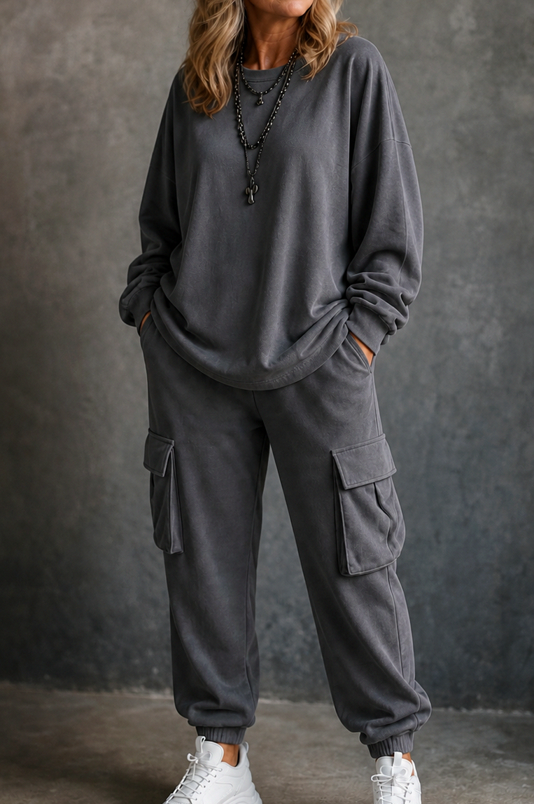 Fleece Oversized Cargo Long Sleeve Two Piece Set