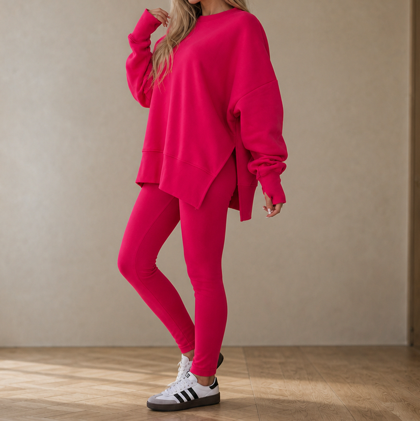 Fleece Oversized Long Sleeve Side Slit Co Ord Set
