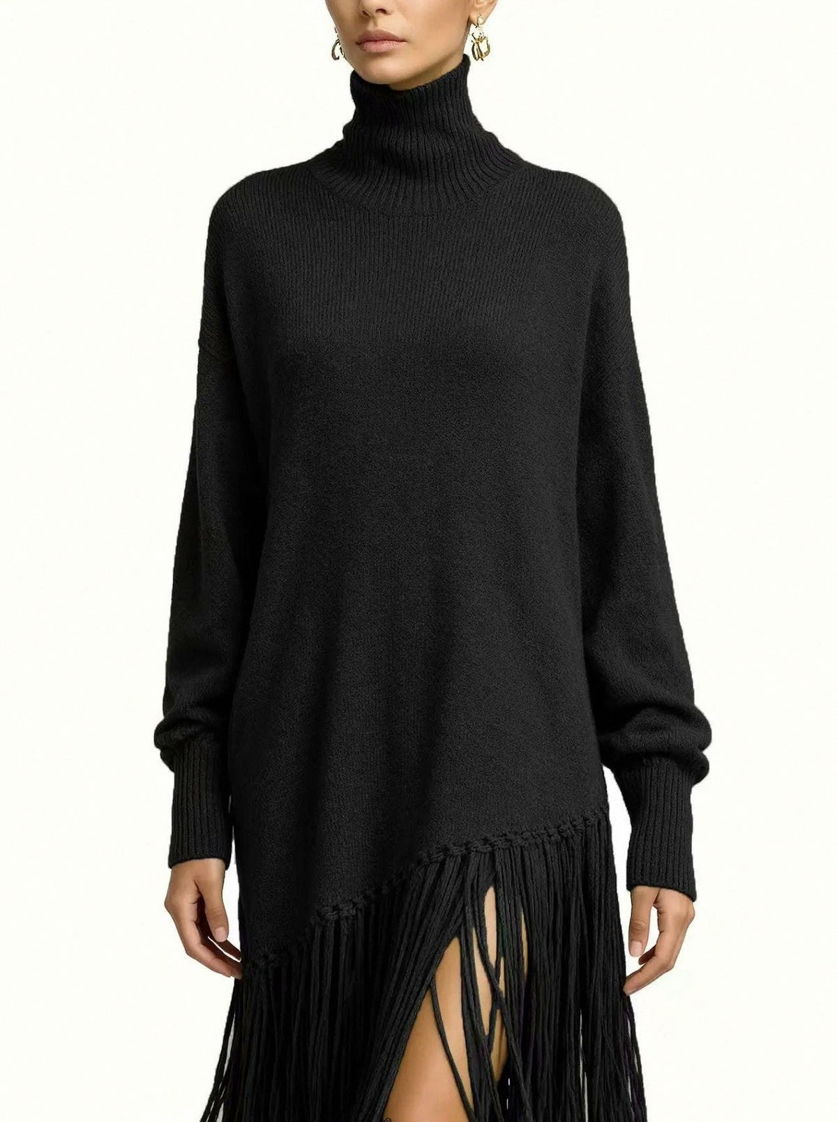 Knit Long Sleeve Fringe Maxi Dress