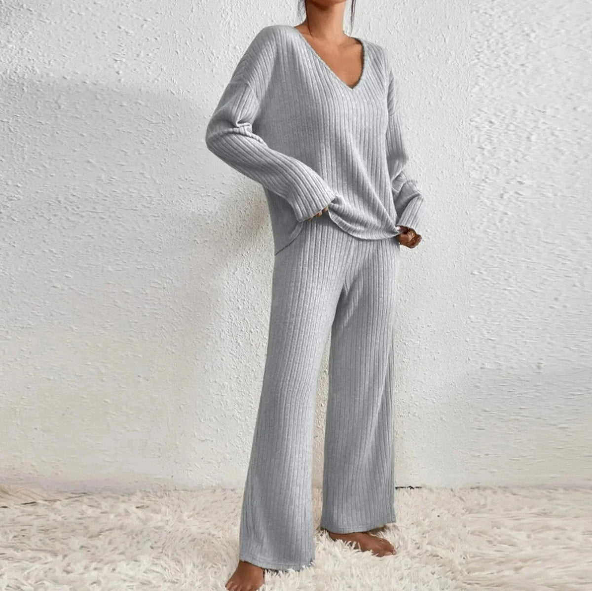 Knit Ribbed V Neck Long Sleeve Wide Leg Co Ord Set