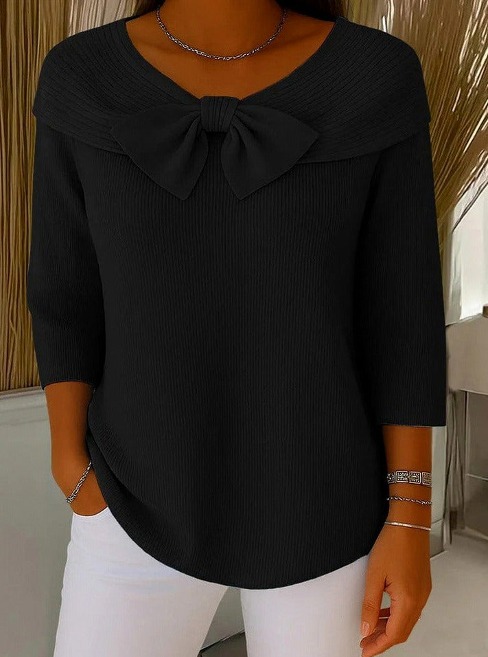 Knit Ribbed Bow Three Quarter Sleeve Top