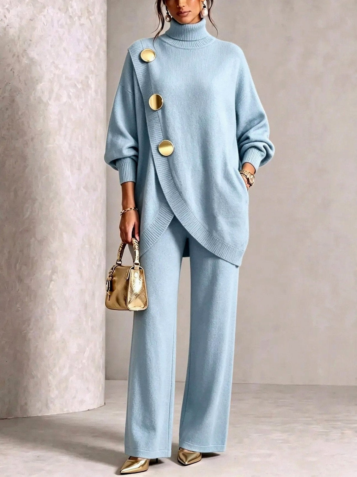 Knit Roll Neck Long Sleeve Two Piece Set