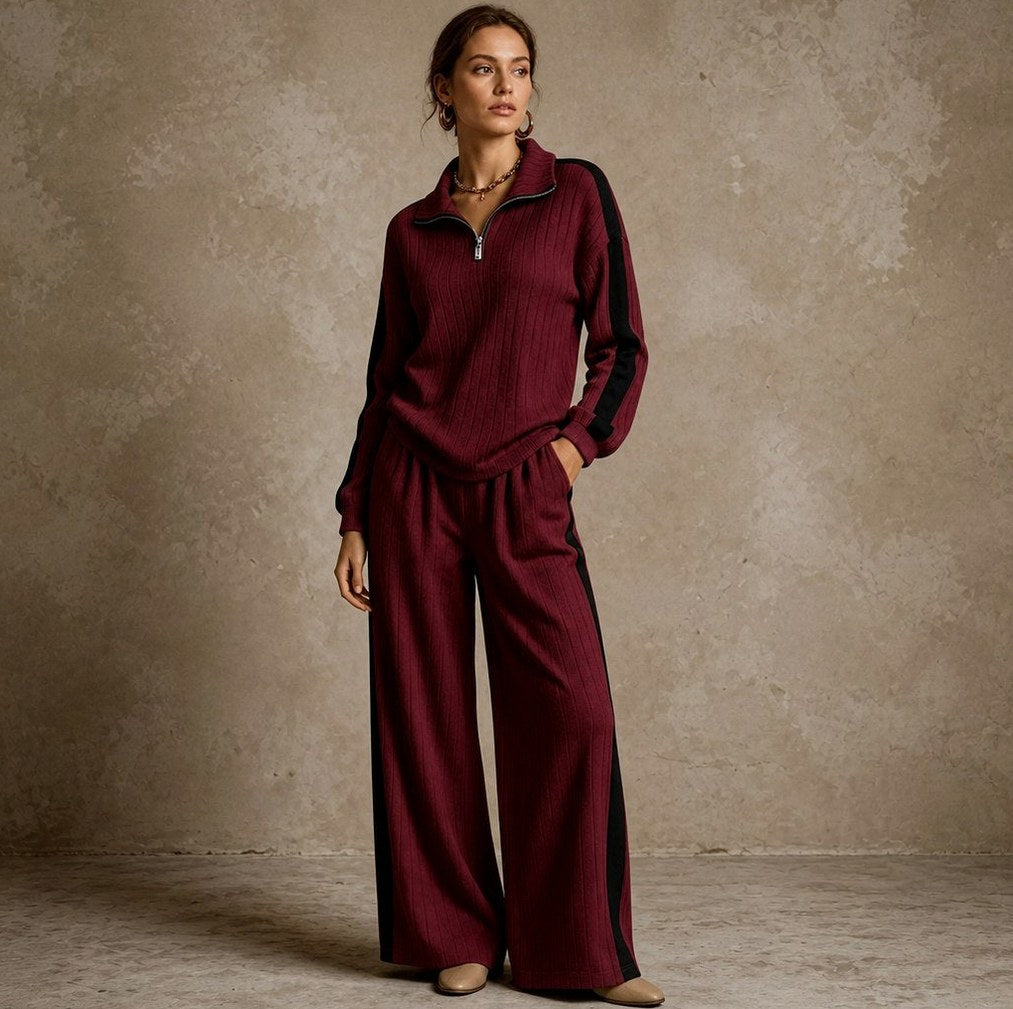 Knit Ribbed Side Stripe Half Zip Co Ord Set