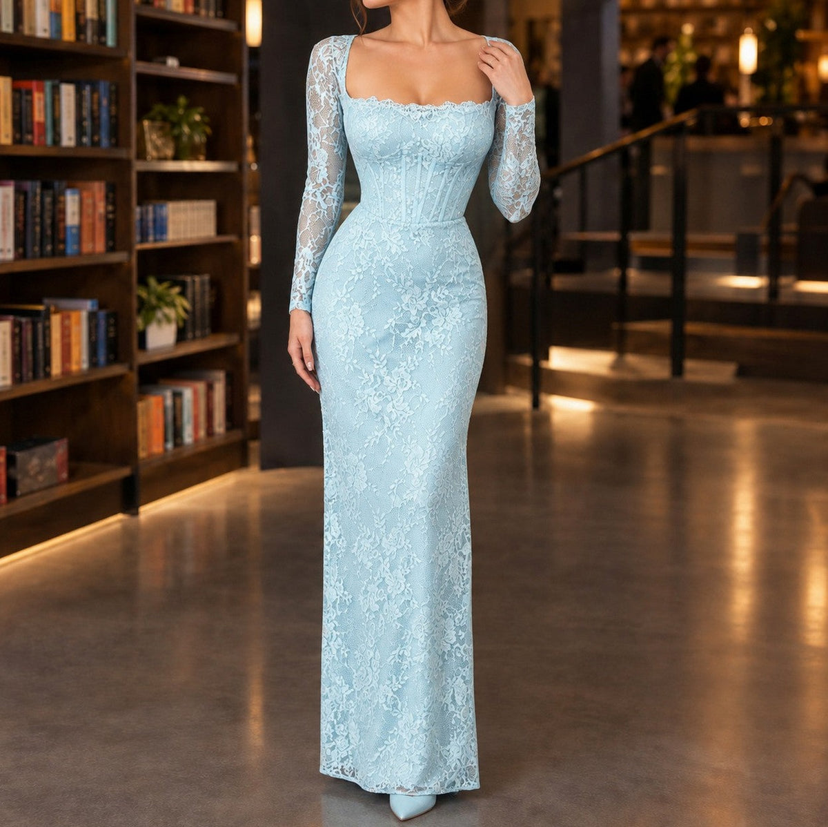 Lace Corset Long Sleeve Maxi Dress
