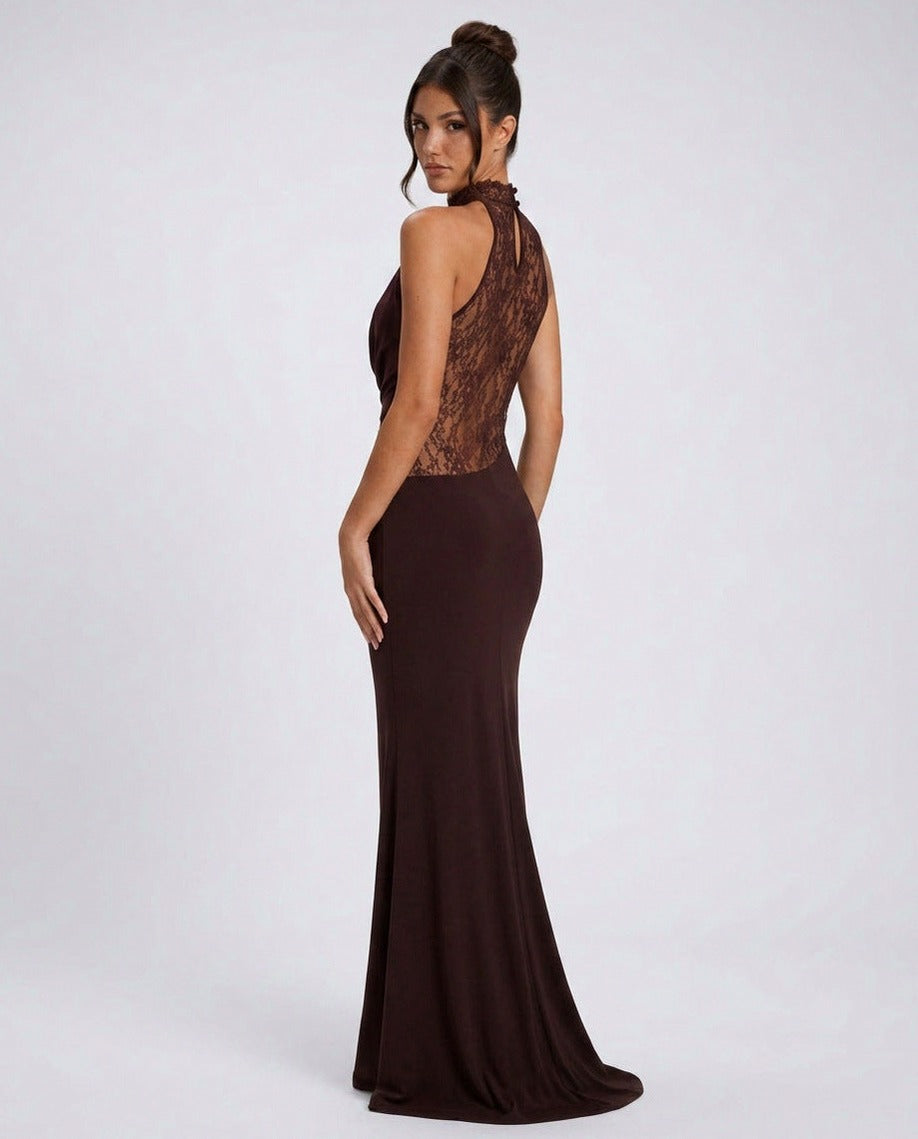 Lace Halterneck Cowl Cutout Maxi Dress