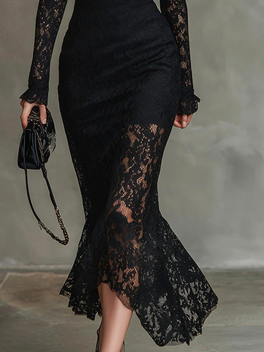Lace Long Sleeve Mermaid Midi Dress