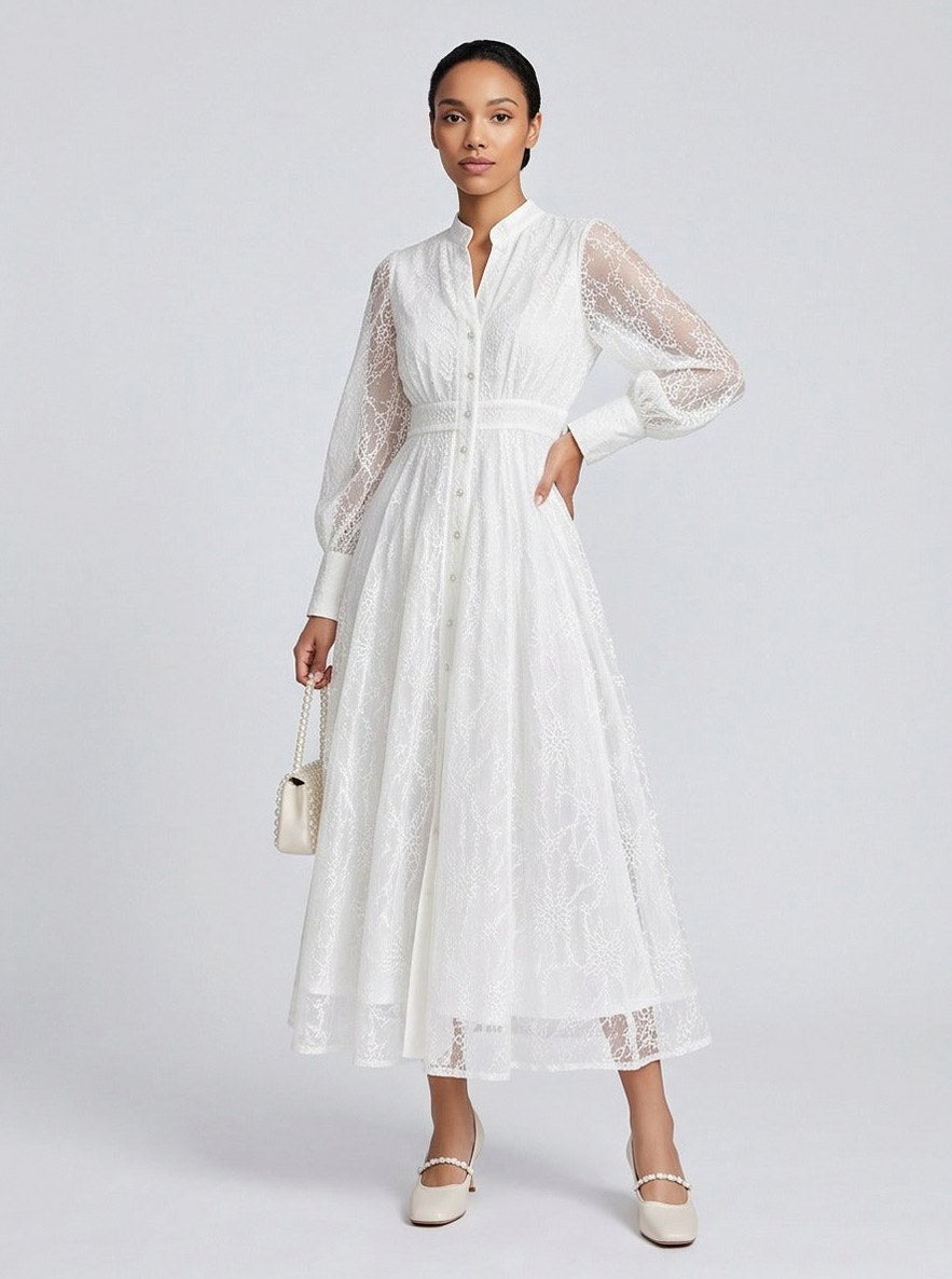Lace Long Sleeve Midi Shirt Dress