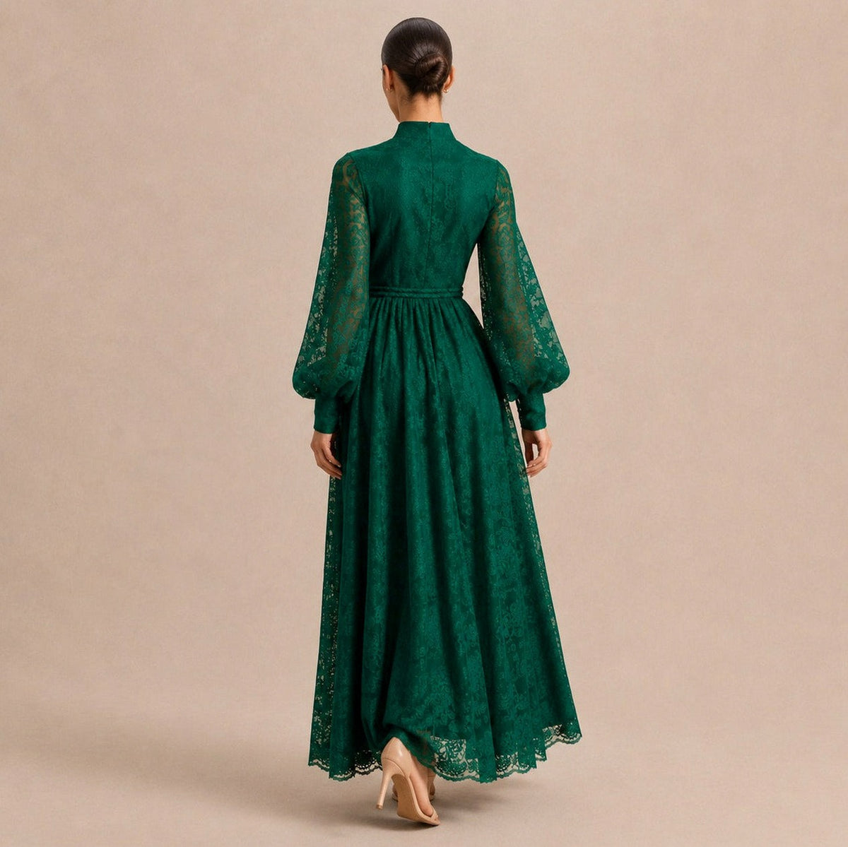 Lace Button Front Balloon Sleeve Maxi Dress
