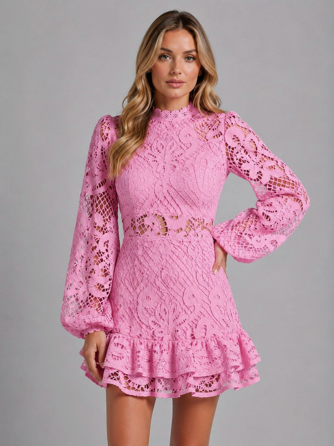 Lace Long Sleeve Ruffle Mini Dress