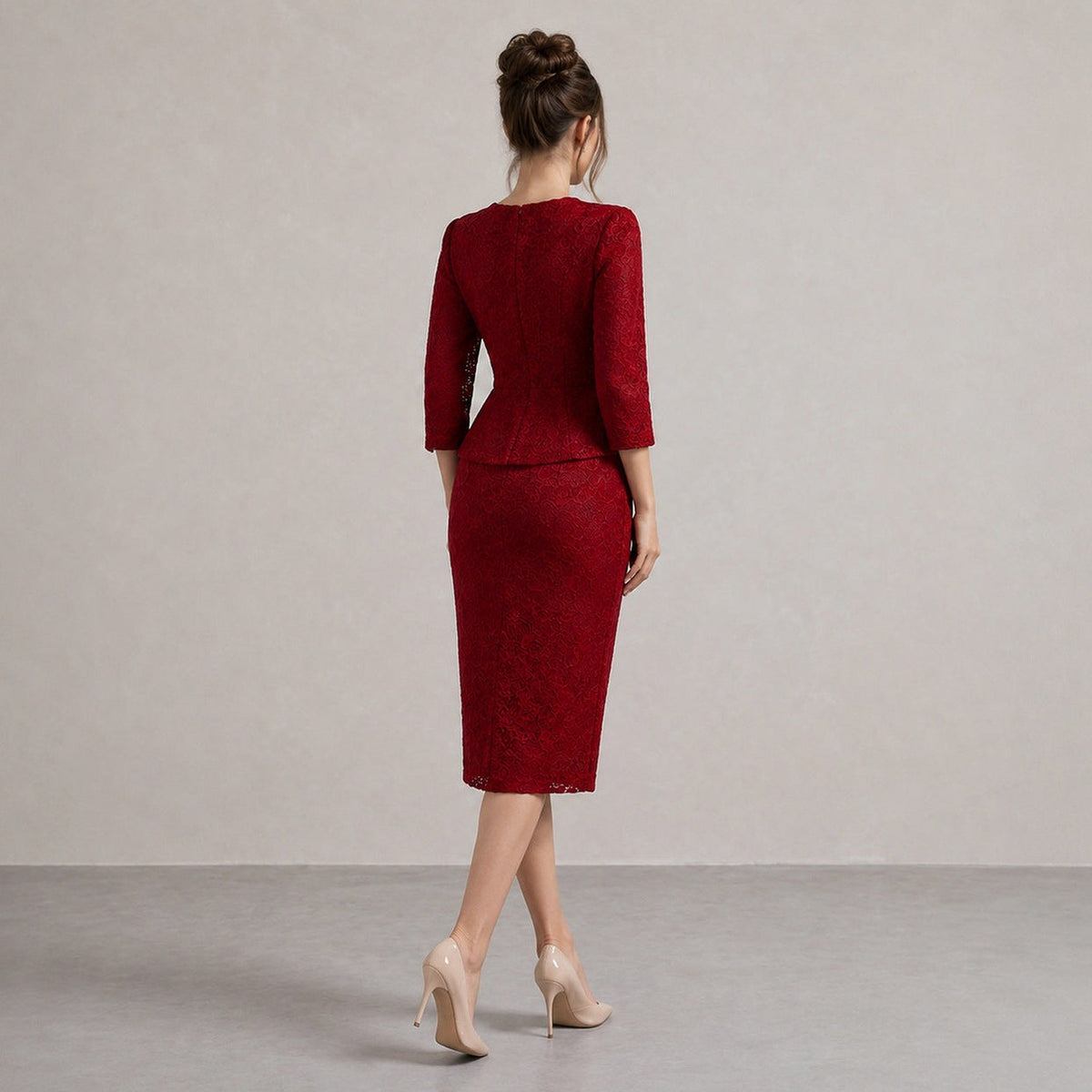 Lace Peplum Sleeve Midi Dress