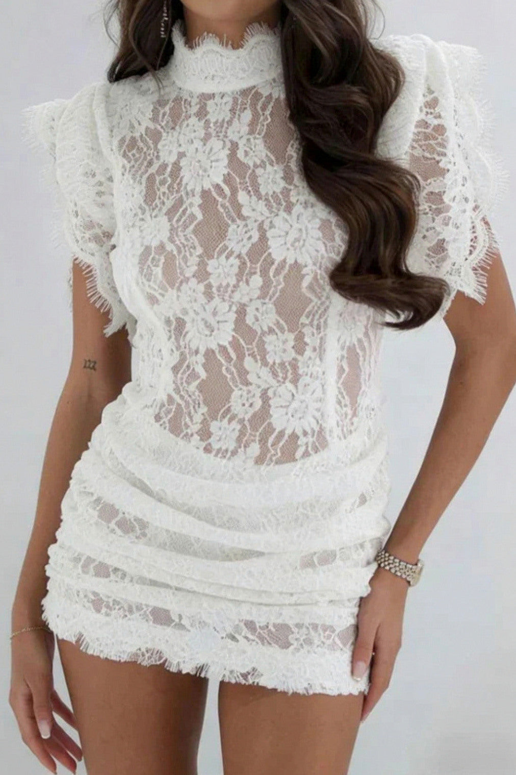 Lace Short Sleeve Ruched Mini Dress