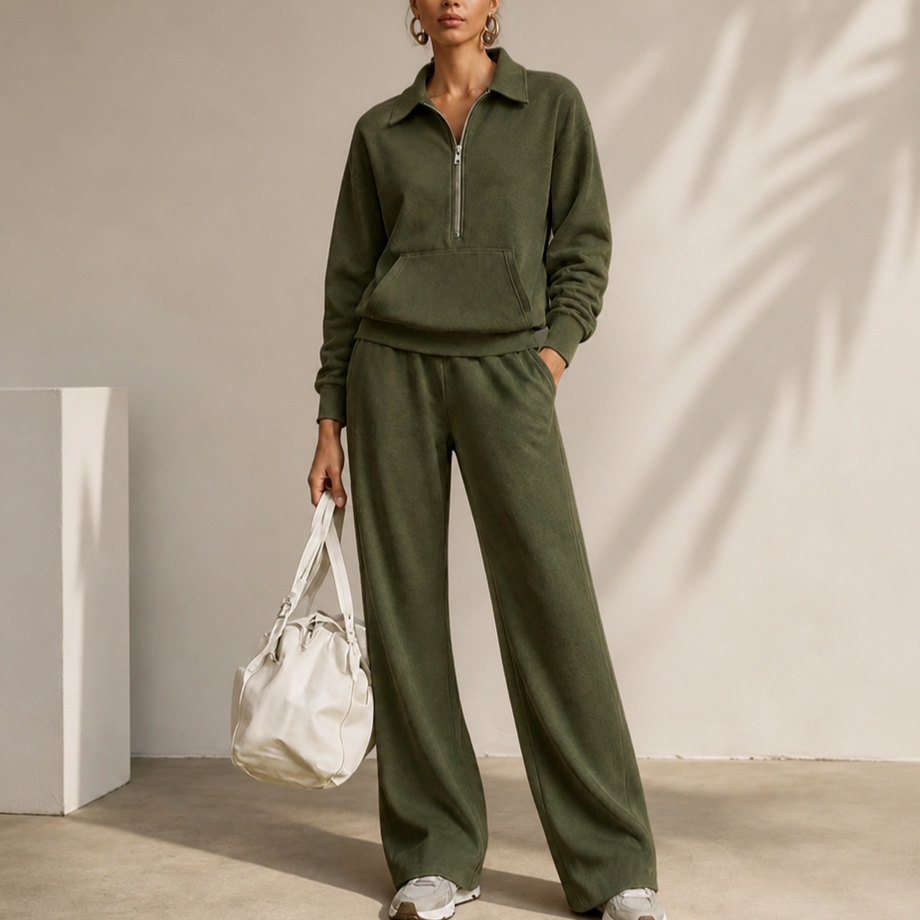 Fleece Half Zip Pouch Pocket Wide Leg Co Ord Set