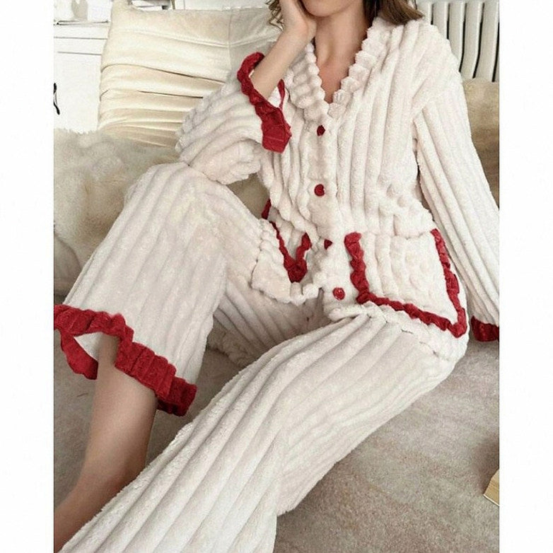 Fleece Long Sleeve Ruffle Trim Pyjama Set