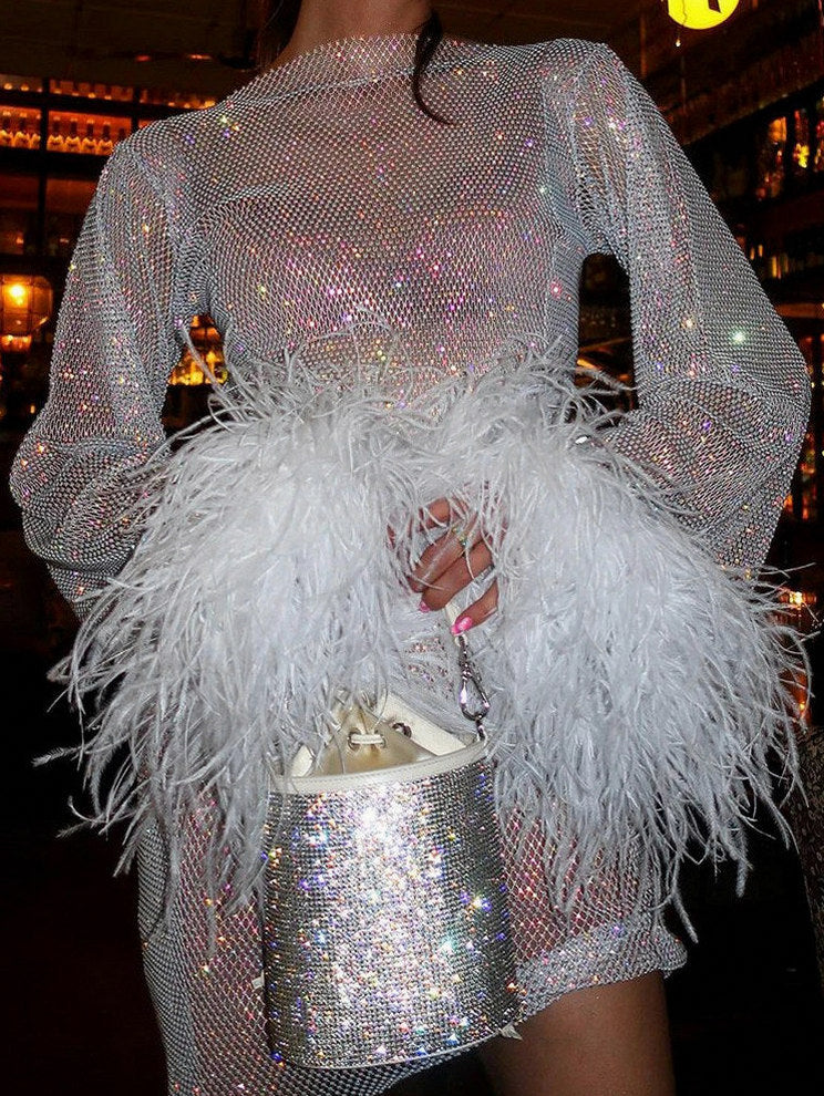 Sequin Mesh Long Sleeve Feather Cuff Mini Dress