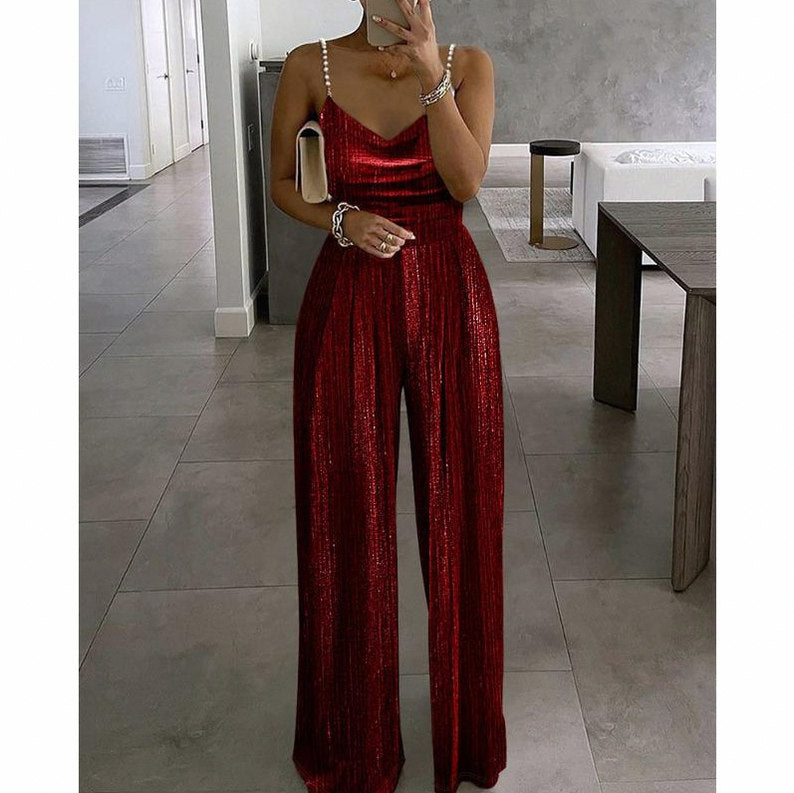 Metallic Pleated Wide Leg Jumpsuit