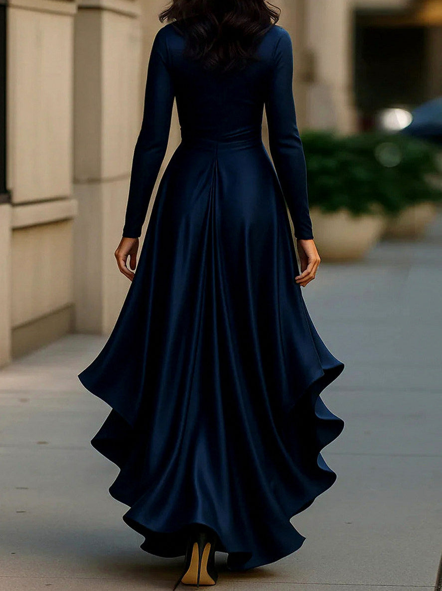Satin Wrap Long Sleeve Ruffle Maxi Dress