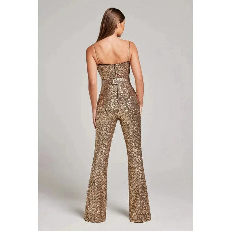 Sequin Corset Belted Flared Leg Jumpsuit