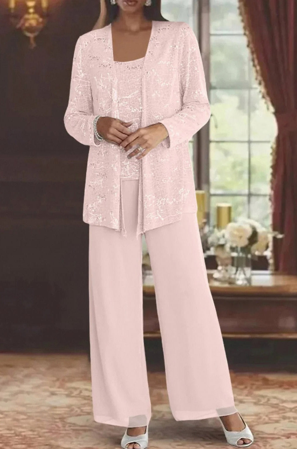 Sequin Lace Jacket and Wide Leg Trousers Three Piece Set