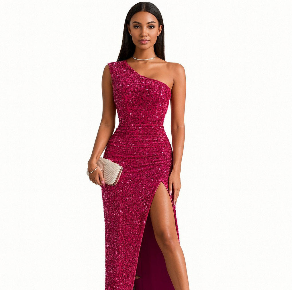 Sequin Ruched Slit Maxi Dress