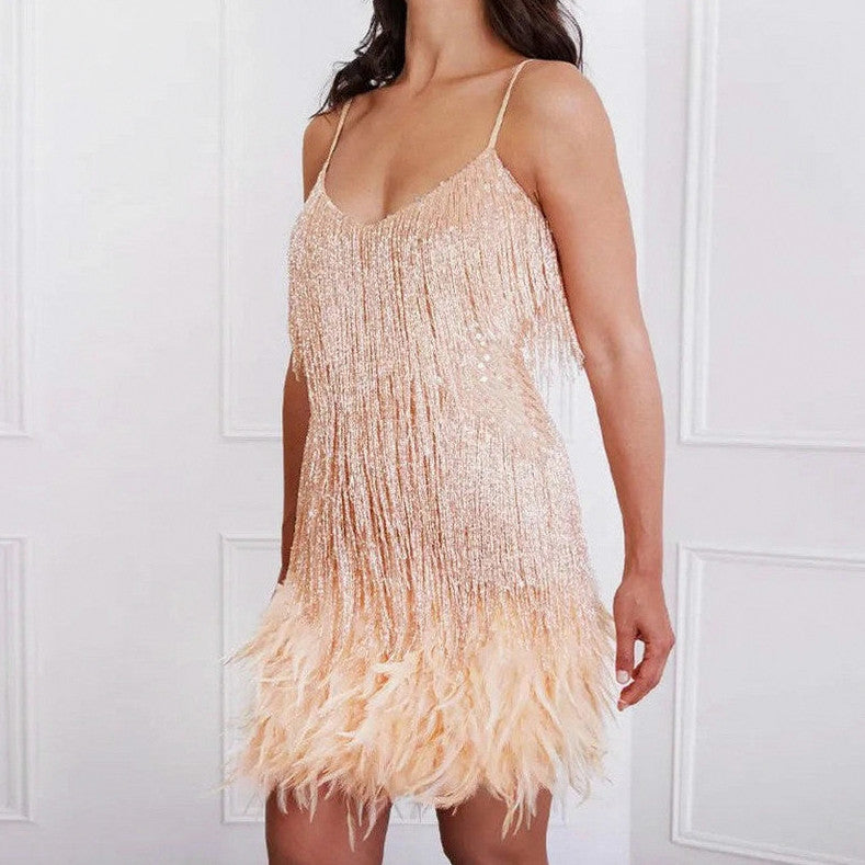 Sequin Spaghetti Strap Feather Mini Dress
