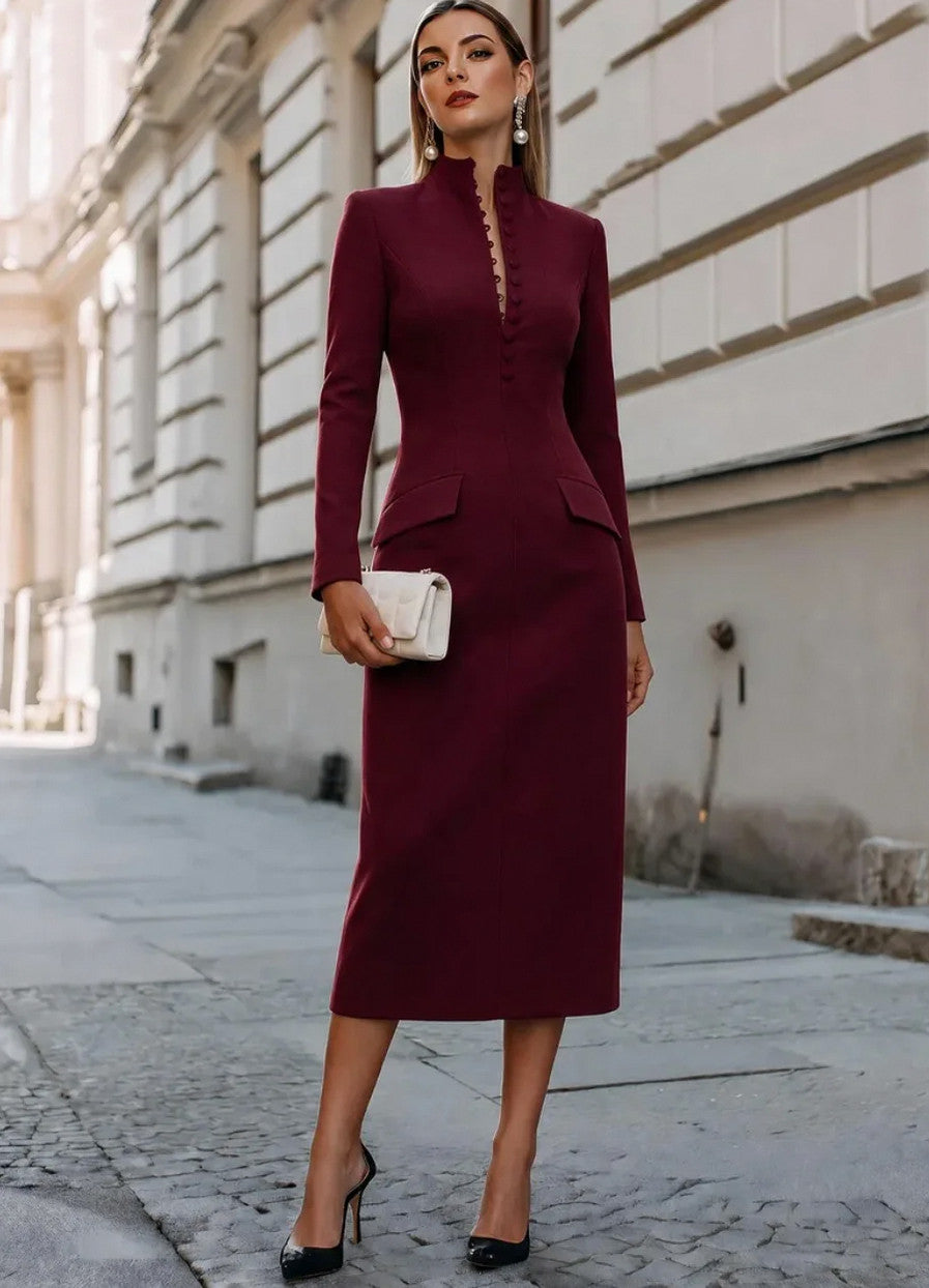 Tailored High Neck Long Sleeve Midi Dress