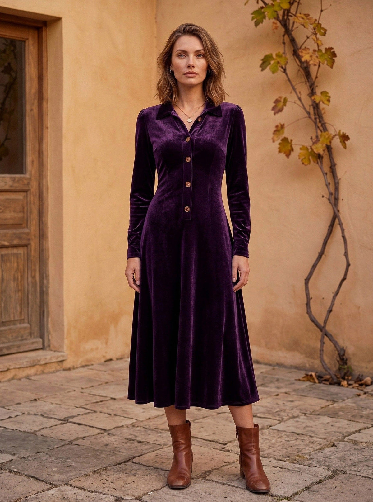 Velvet Collared Long Sleeve Midi Dress