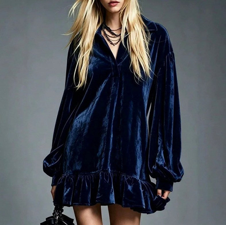 Velvet Collared Long Sleeve Mini Dress