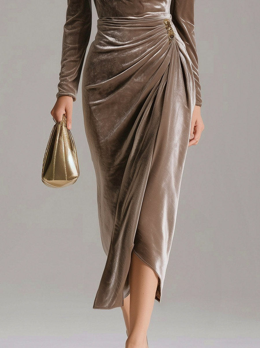 Velvet Cowl Neck Draped Midi Dress