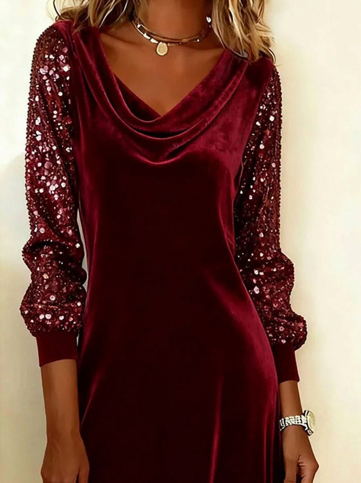 Velvet Cowl Neck Sequin Mini Dress