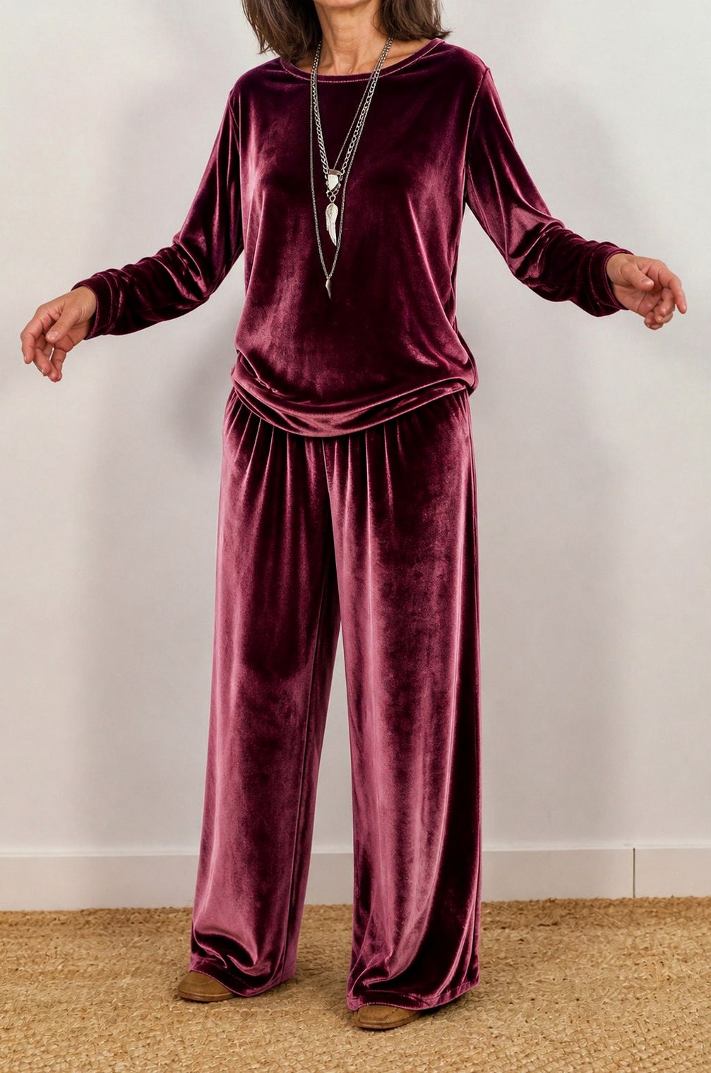 Velvet Crew Neck Long Sleeve Wide Leg Co Ord Set