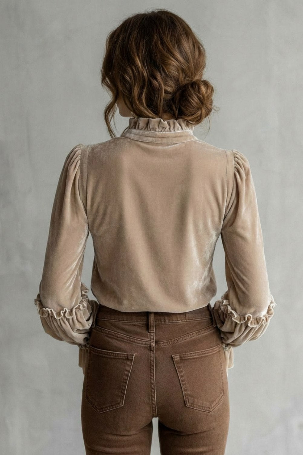 Velvet Embroidered Long Sleeve Ruffle Blouse