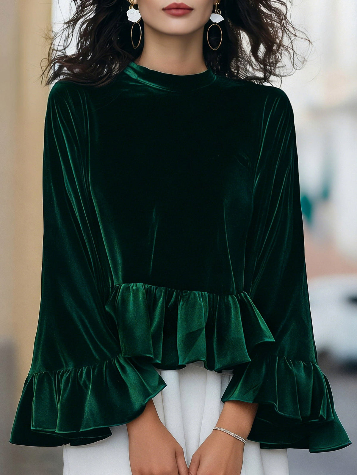 Velvet Long Sleeve Ruffle Peplum Top