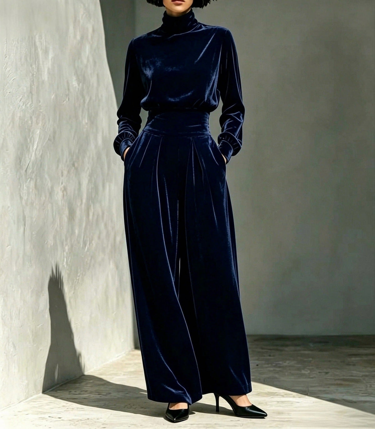 Velvet Turtleneck Top and Wide Leg Trousers Set