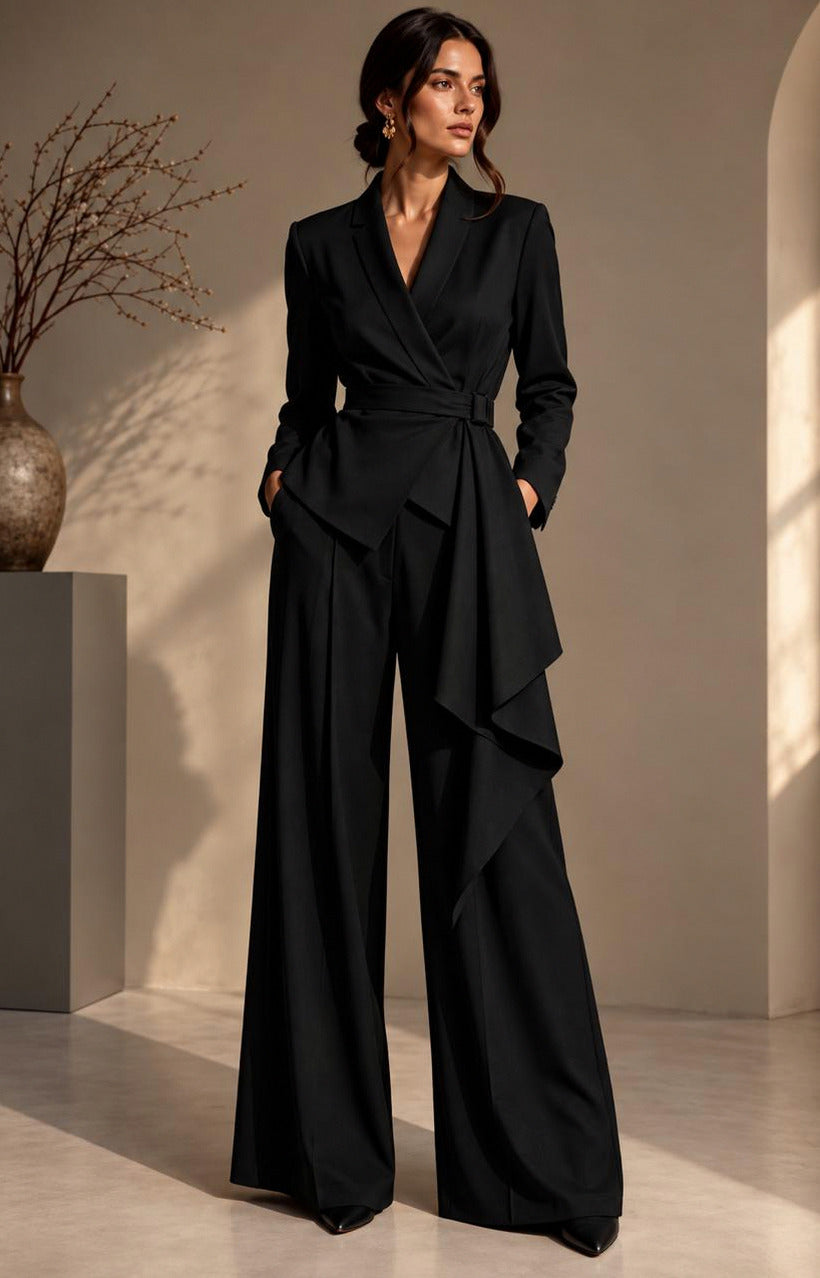 Belted Wrap Blazer Wide Leg Trouser Suit