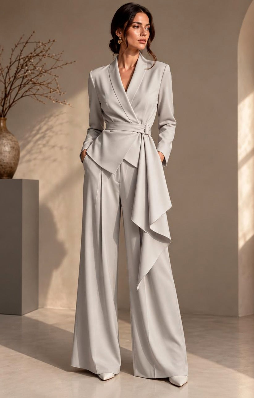 Belted Wrap Blazer Wide Leg Trouser Suit