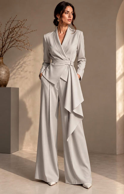 Belted Wrap Blazer Wide Leg Trouser Suit