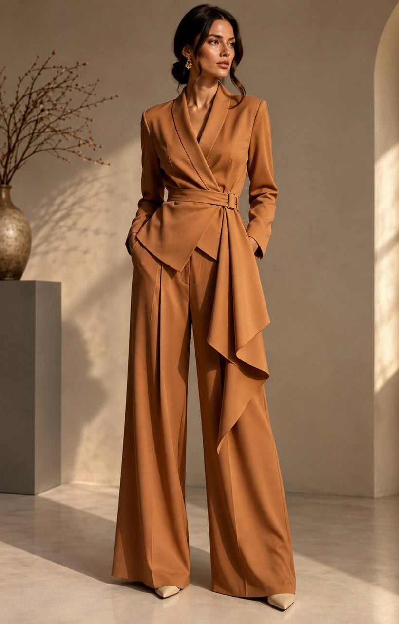 Belted Wrap Blazer Wide Leg Trouser Suit