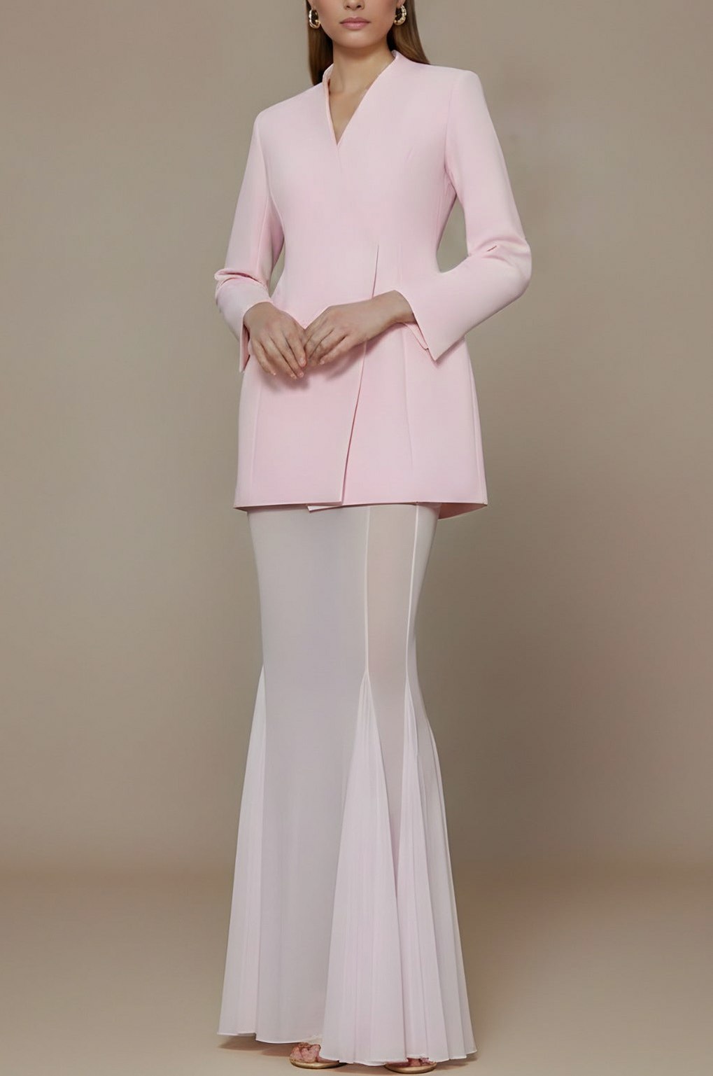 Belted Blazer and Sheer Fishtail Maxi Skirt Set