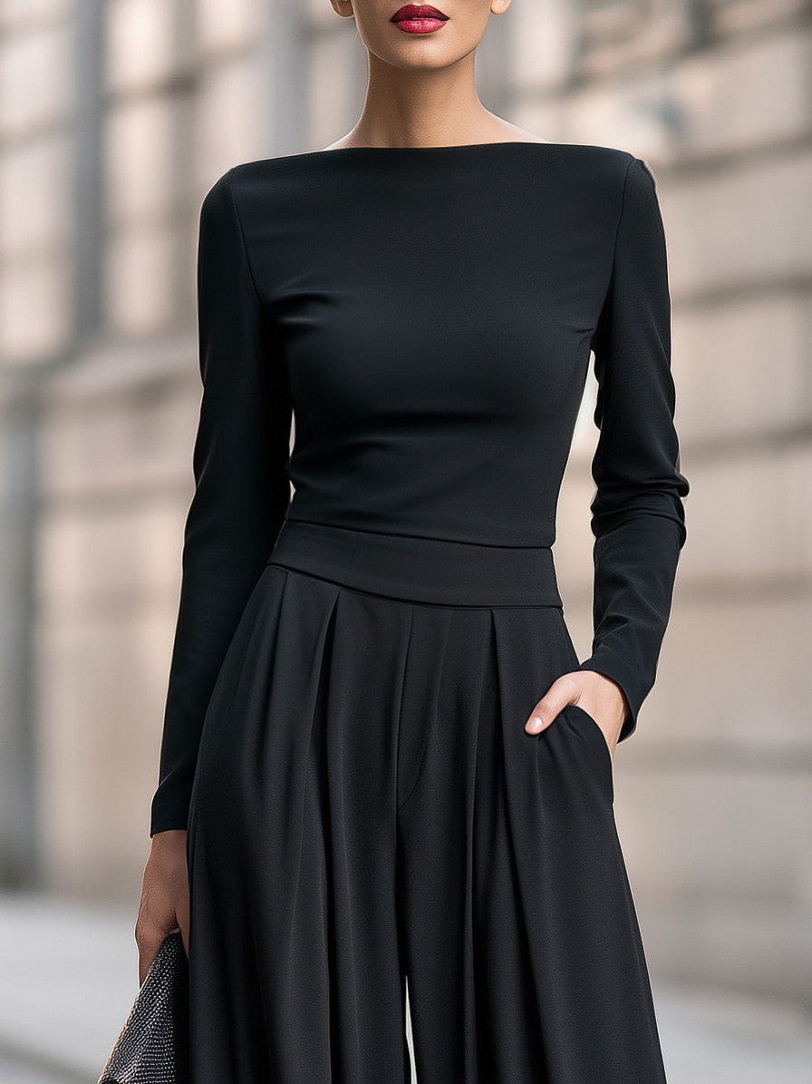 Boat Neck Long Sleeve Wide Leg Jumpsuit
