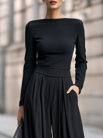 Boat Neck Long Sleeve Wide Leg Jumpsuit
