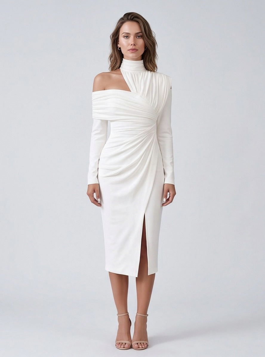 Bodycon High Neck Ruched Midi Dress