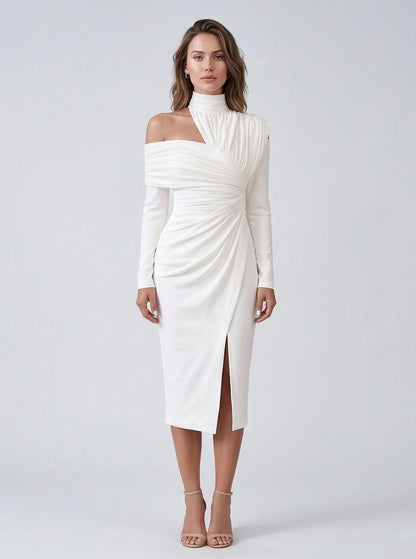 Bodycon High Neck Ruched Midi Dress