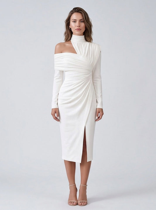 Bodycon High Neck Ruched Midi Dress