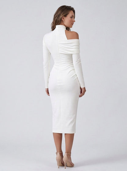 Bodycon High Neck Ruched Midi Dress