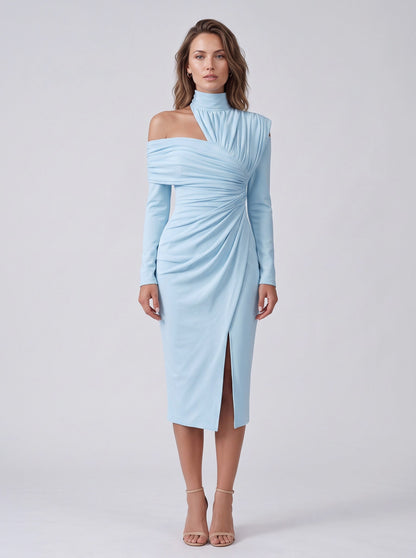 Bodycon High Neck Ruched Midi Dress